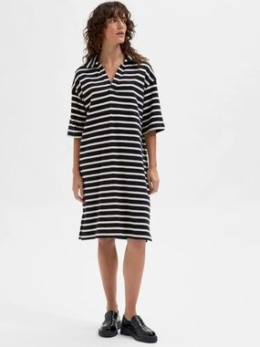 SELECTED FEMME Striped Short Sleeve Knee Length Dress Women’s White Black SZ XL
